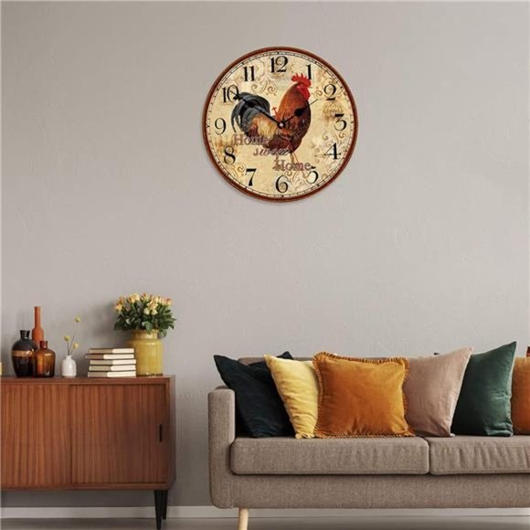 14 Inch Rustic Rooster Wall Clock Retro Silent Non Ticking Easy to Read Clock - Picture 6 of 6
